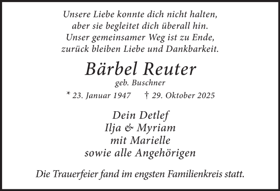Traueranzeige von Bärbel Reuter 
