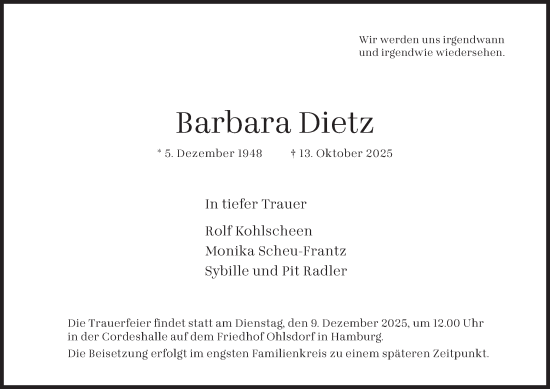 Traueranzeige von Barbara Dietz von Hamburger Abendblatt