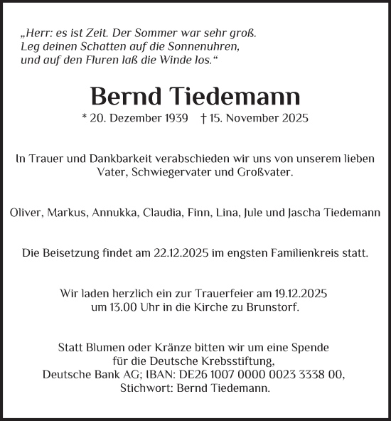 Traueranzeige von Bernd Tiedemann von Hamburger Abendblatt