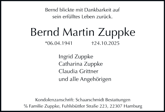 Traueranzeige von Bernd Martin Zuppke von Hamburger Abendblatt