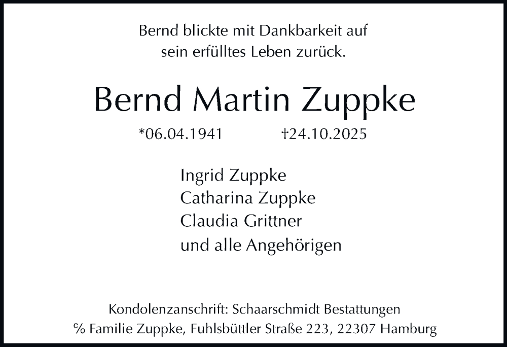  Traueranzeige für Bernd Martin Zuppke vom 08.11.2025 aus Hamburger Abendblatt