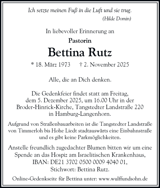 Traueranzeige von Bettina Rutz von Hamburger Abendblatt