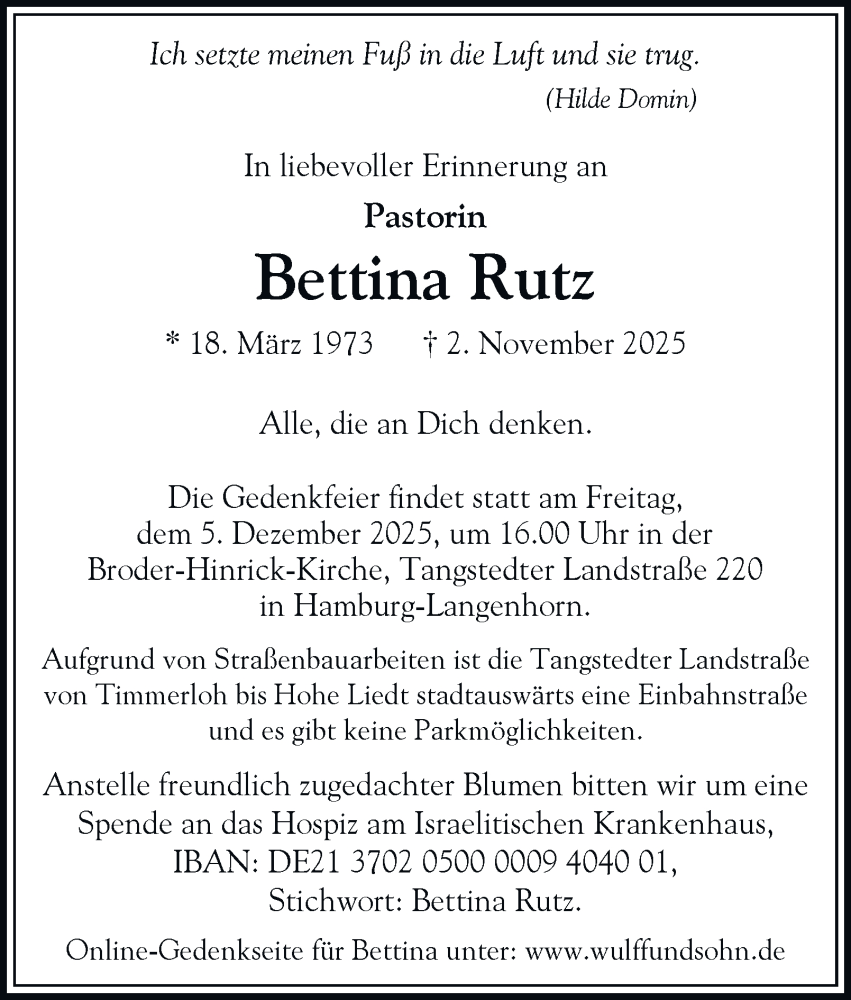  Traueranzeige für Bettina Rutz vom 22.11.2025 aus Hamburger Abendblatt