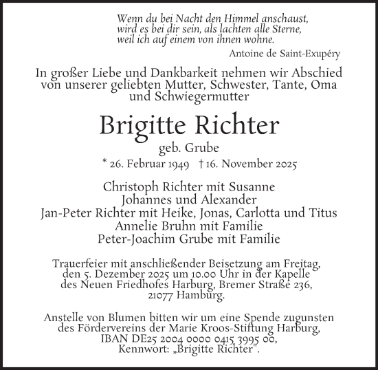 Traueranzeige von Brigitte Richter von Hamburger Abendblatt