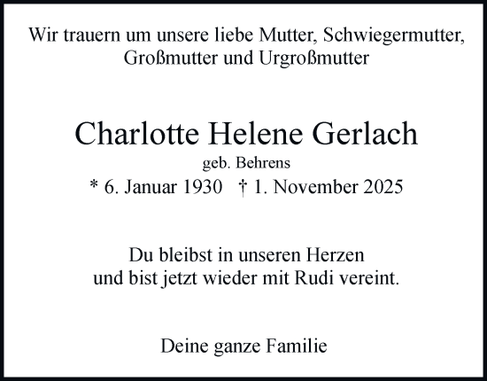 Traueranzeige von Charlotte Helene Gerlach 
