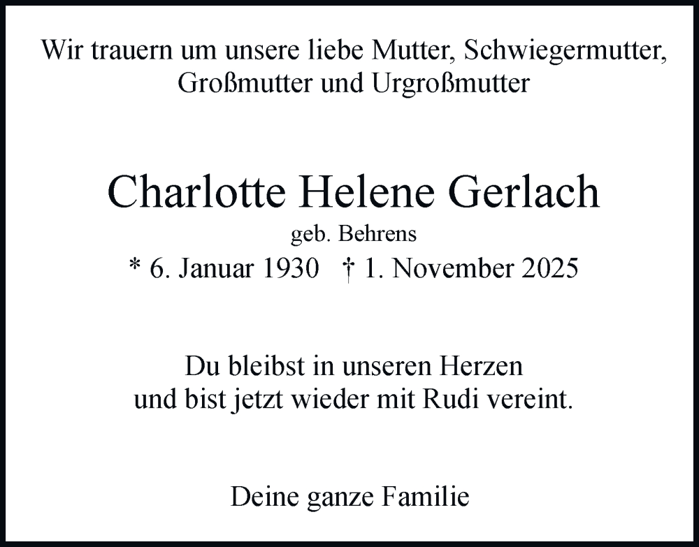  Traueranzeige für Charlotte Helene Gerlach vom 22.11.2025 aus 