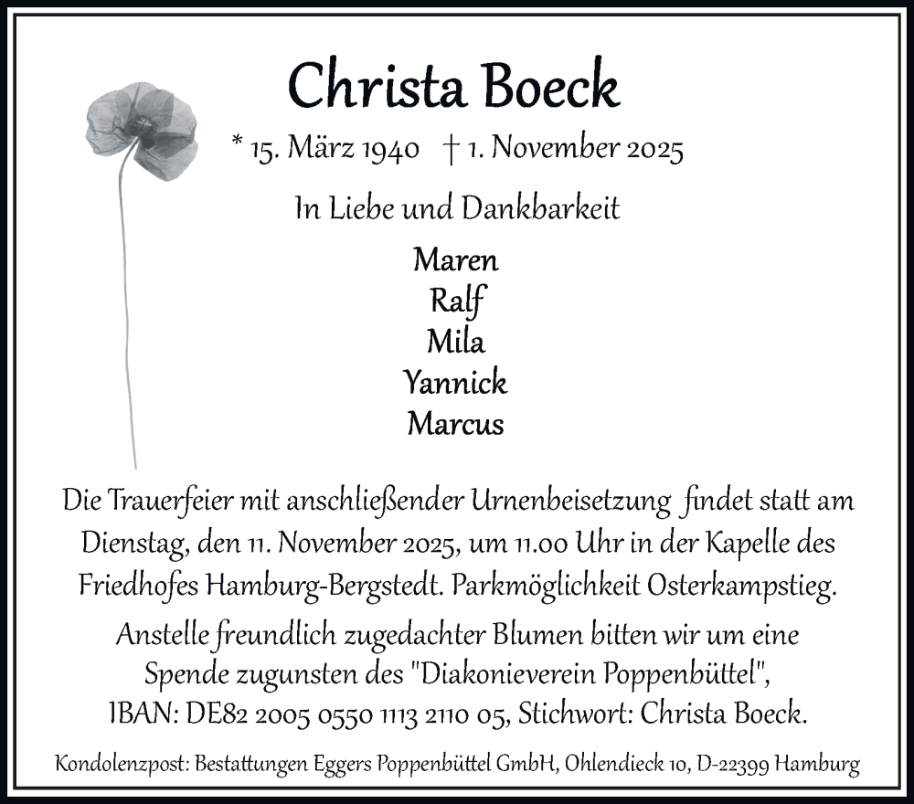  Traueranzeige für Christa Boeck vom 08.11.2025 aus Hamburger Abendblatt
