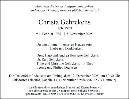 Traueranzeige von Christa Gehrckens von Hamburger Abendblatt