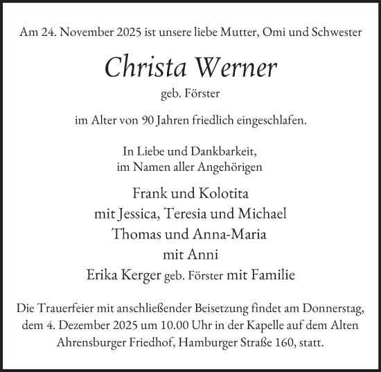 Traueranzeige von Christa Werner von Hamburger Abendblatt