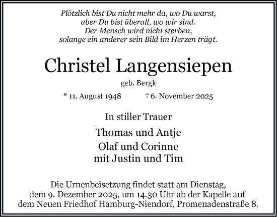 Traueranzeige von Christel Langensiepen 