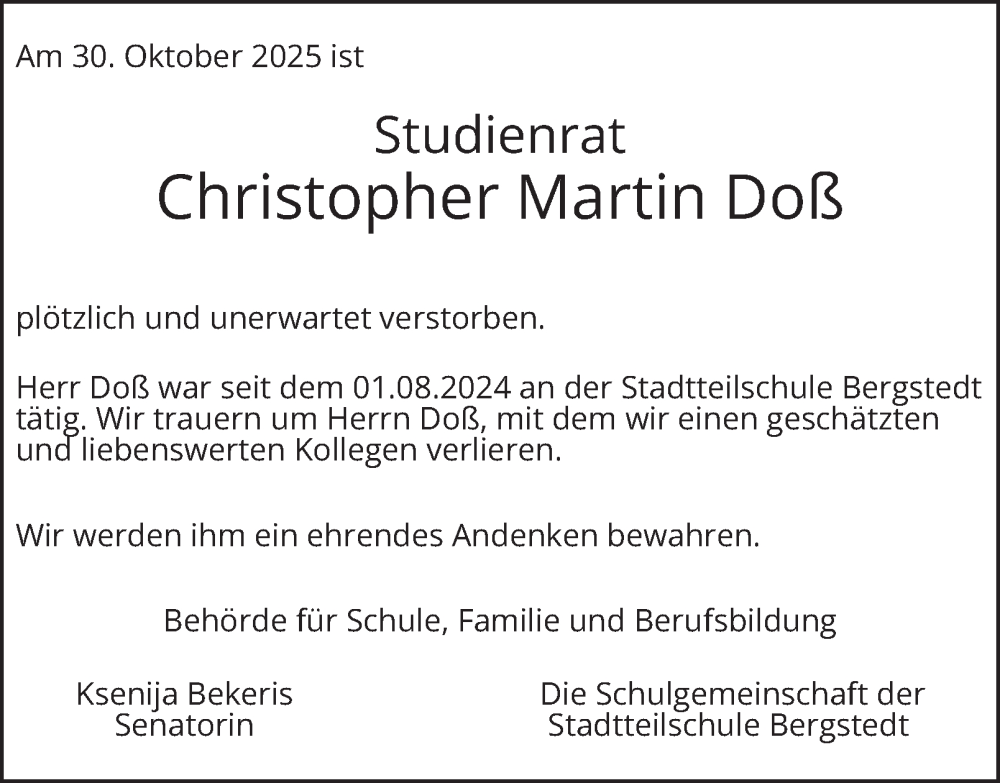  Traueranzeige für Christopher Martin Doß vom 29.11.2025 aus Hamburger Abendblatt