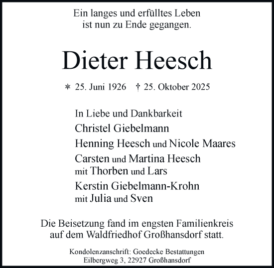 Traueranzeige von Dieter Heesch von Hamburger Abendblatt