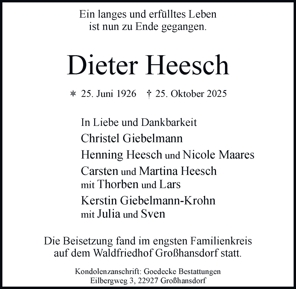  Traueranzeige für Dieter Heesch vom 15.11.2025 aus Hamburger Abendblatt