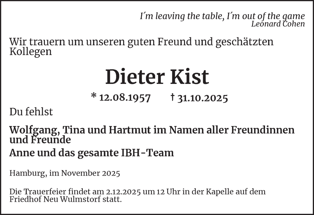  Traueranzeige für Dieter Kist vom 22.11.2025 aus Hamburger Abendblatt