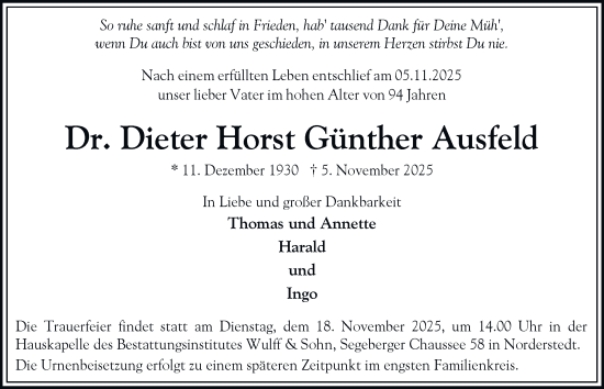 Traueranzeige von Dieter Horst Günther Ausfeld von Hamburger Abendblatt