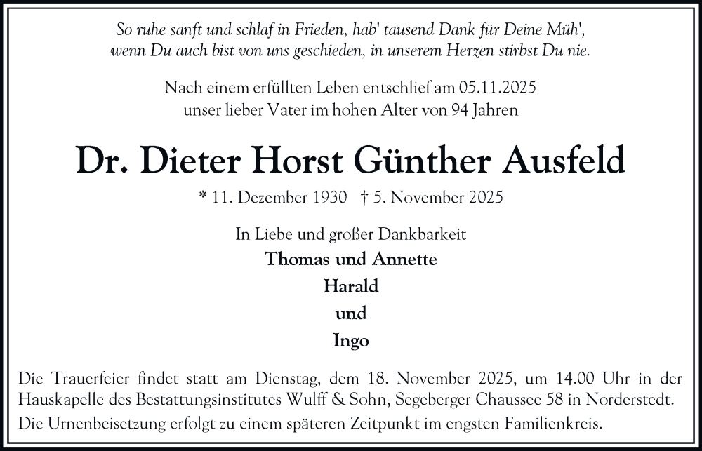 Traueranzeige für Dieter Horst Günther Ausfeld vom 15.11.2025 aus Hamburger Abendblatt