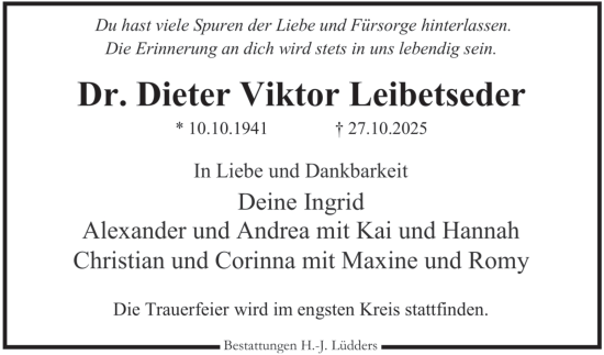 Traueranzeige von Dieter Viktor Leibetseder von Hamburger Abendblatt