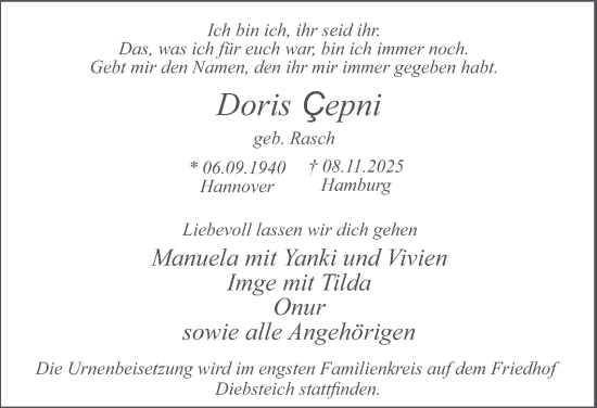 Traueranzeige von Doris Cepni von Hamburger Abendblatt