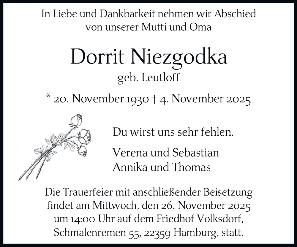  Traueranzeige für Dorrit Niezgodka vom 15.11.2025 aus Hamburger Abendblatt