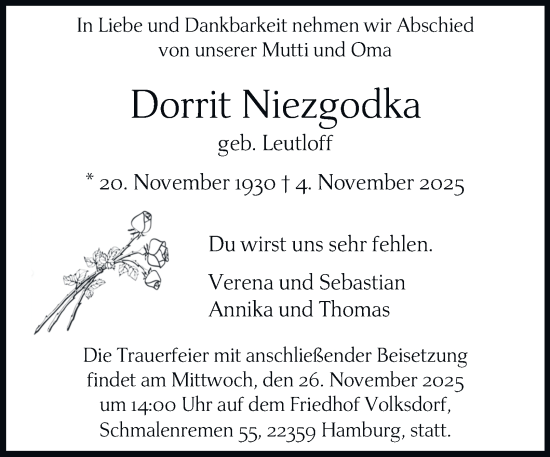 Traueranzeige von Dorrit Niezgodka von Hamburger Abendblatt