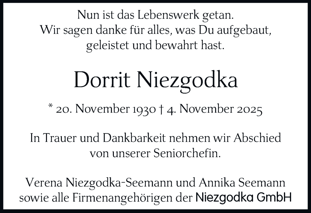  Traueranzeige für Dorrit Niezgodka vom 15.11.2025 aus Hamburger Abendblatt