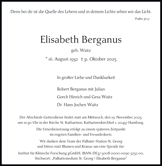 Traueranzeige von Elisabeth Berganus von Hamburger Abendblatt