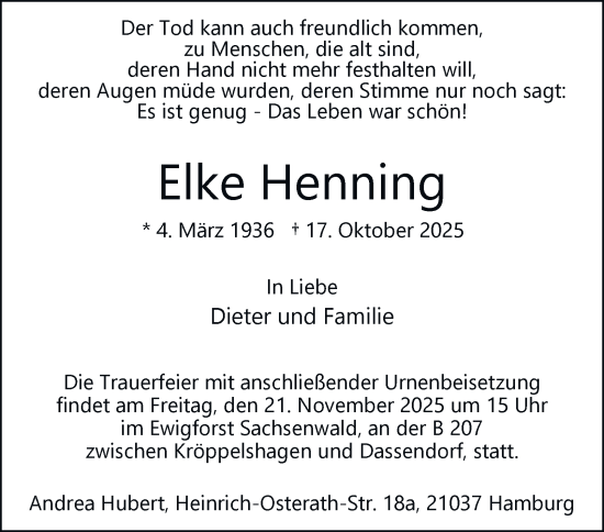 Traueranzeige von Elke Henning von Bergedorfer Zeitung