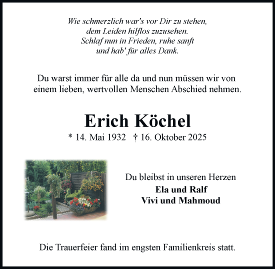 Traueranzeige von Erich Köchel von Bergedorfer Zeitung
