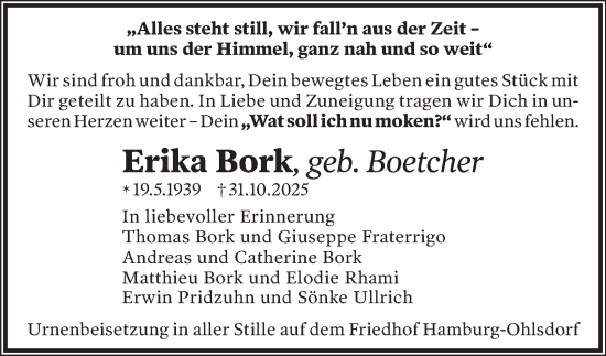 Traueranzeige von Erika Bork von Hamburger Abendblatt