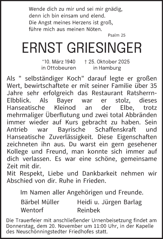 Traueranzeige von Ernst Griesinger von Hamburger Abendblatt