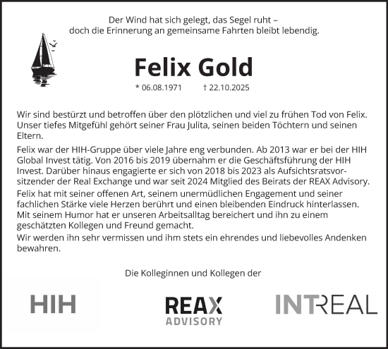 Traueranzeige von Felix Gold von Hamburger Abendblatt