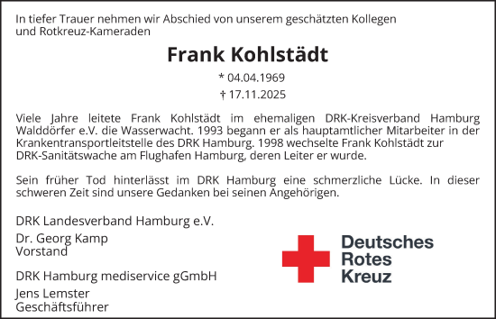 Traueranzeige von Frank Kohlstädt von Hamburger Abendblatt