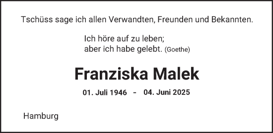Traueranzeige von Franziska Malek von Hamburger Abendblatt