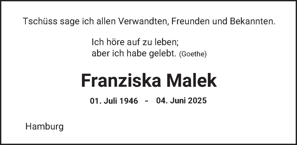  Traueranzeige für Franziska Malek vom 22.11.2025 aus Hamburger Abendblatt