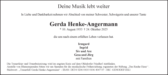 Traueranzeige von Gerda Henke-Angermann von Hamburger Abendblatt, HA Regio Stormarn