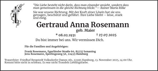 Traueranzeige von Gertraud Anna Rosemann von Hamburger Abendblatt