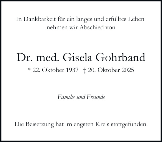 Traueranzeige von Gisela Gohrband von Hamburger Abendblatt