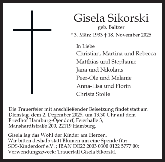 Traueranzeige von Gisela Sikorski von Hamburger Abendblatt