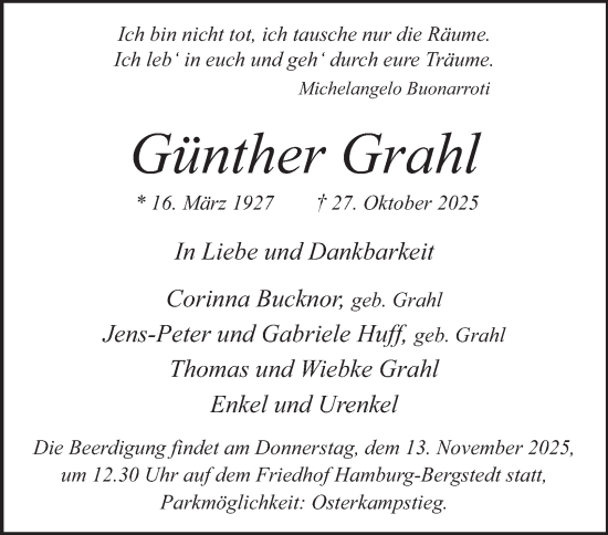 Traueranzeige von Günther Grahl von Hamburger Abendblatt