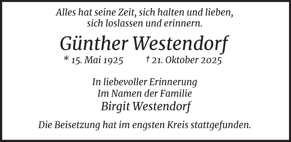  Traueranzeige für Günther Westendorf vom 22.11.2025 aus 