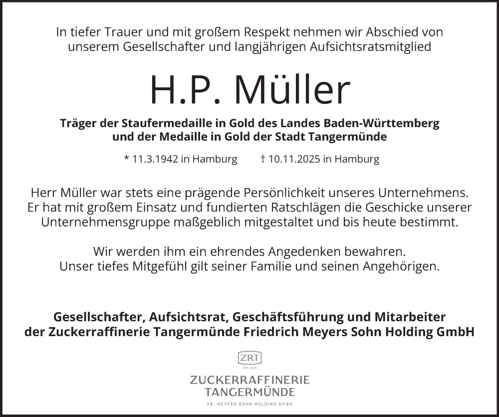  Traueranzeige für H.P. Müller vom 22.11.2025 aus Hamburger Abendblatt