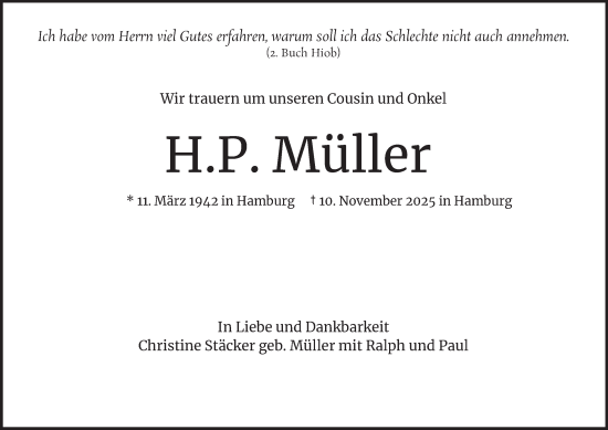 Traueranzeige von H.P. Müller von Hamburger Abendblatt
