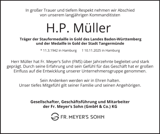 Traueranzeige von H.P. Müller von Hamburger Abendblatt