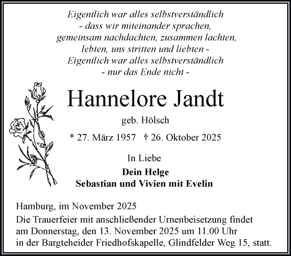  Traueranzeige für Hannelore Jandt vom 08.11.2025 aus 