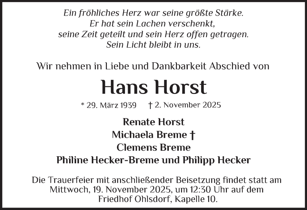  Traueranzeige für Hans Horst vom 15.11.2025 aus Hamburger Abendblatt