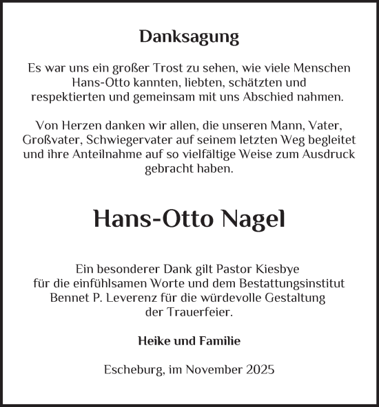 Traueranzeige von Hans-Otto Nagel von Bergedorfer Zeitung