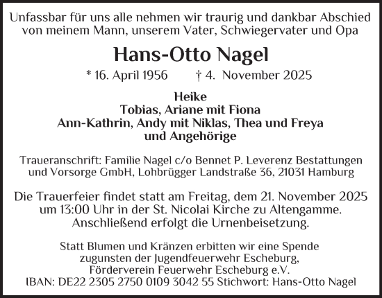 Traueranzeige von Hans-Otto Nagel von Bergedorfer Zeitung