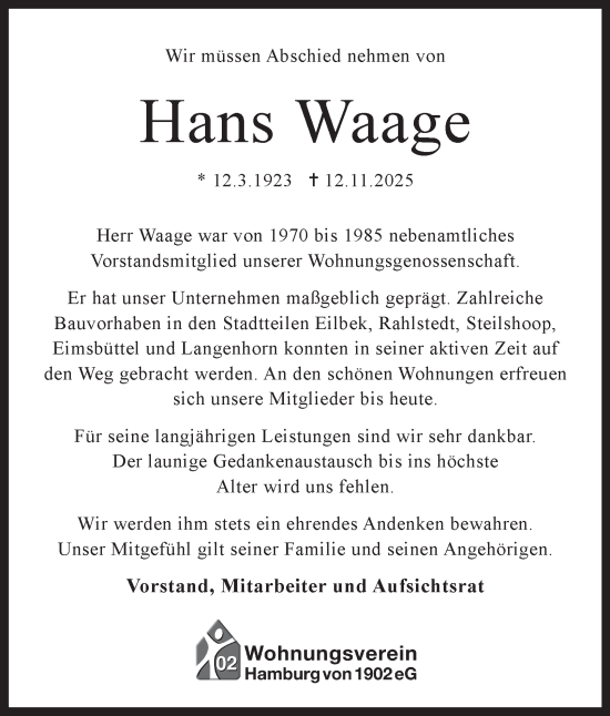 Traueranzeige von Hans Waage von Hamburger Abendblatt