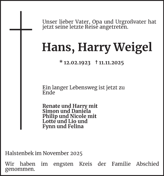 Traueranzeige von Hans Harry Weigel 