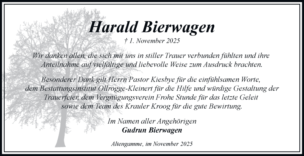 Traueranzeige für Harald Bierwagen vom 29.11.2025 aus Bergedorfer Zeitung
